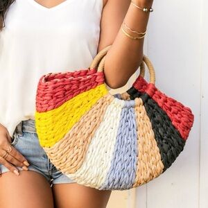 Colorful Woven Straw O-Ring Tote NWT